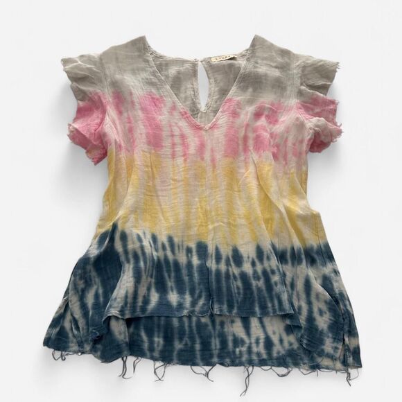StarkX Tie-Dye Colorful rainbow  Cotton Gauze Frayed Hem Top Luxury Boho M - Picture 3 of 7
